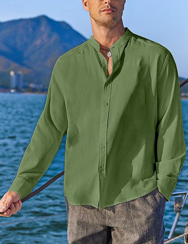 Per uomo Camicia Camicia con colletto a fascia Camicia estiva Abbigliamento mare Maglietta informale Camicia con bottoni Liscio Da mare Informale Nero Bianco Rosa Verde Manica lunga A fascia del 2025 a €21.99 –P2