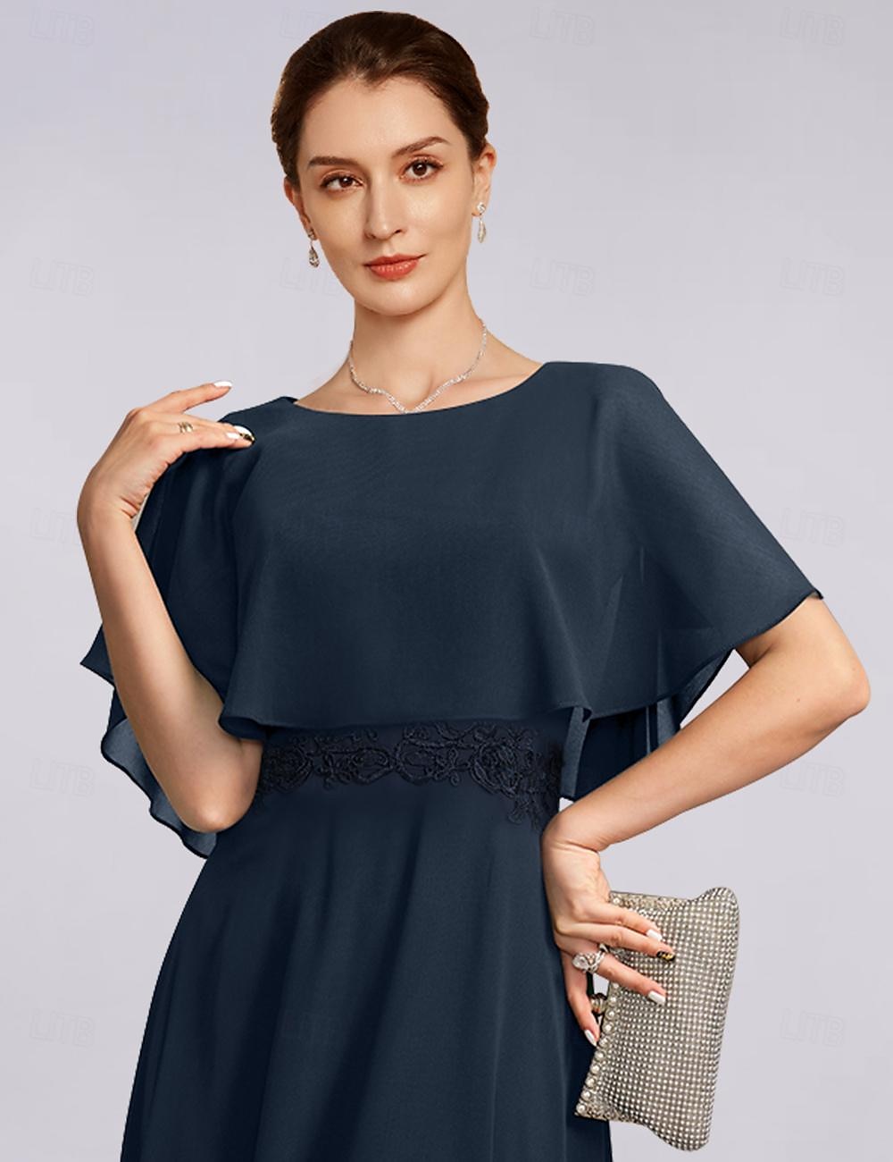 Strand Bruiloft A-Lijn Moeder van de Bruid Jurk Elegante Sierlijke Hals Thee Lengte Chiffon Halve Mouw met Kant maat op maat 2025 - $160.99 –P4