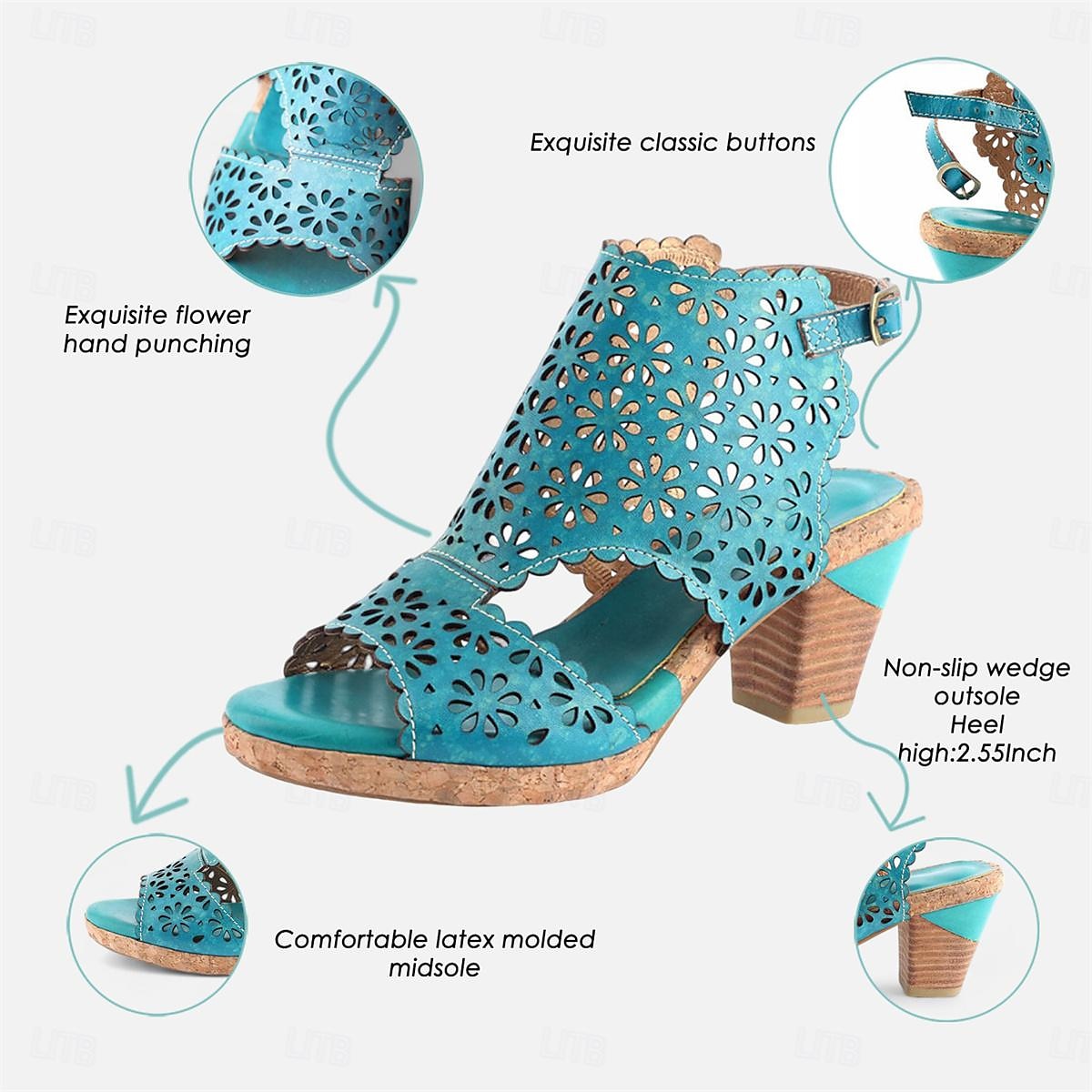 turquoise leren sandalen voor dames met uitsparingen – vintage holle, dikke hak en peep-toe zomerschoenen voor casual en boho-stijl 2025 - $64.99 –P3