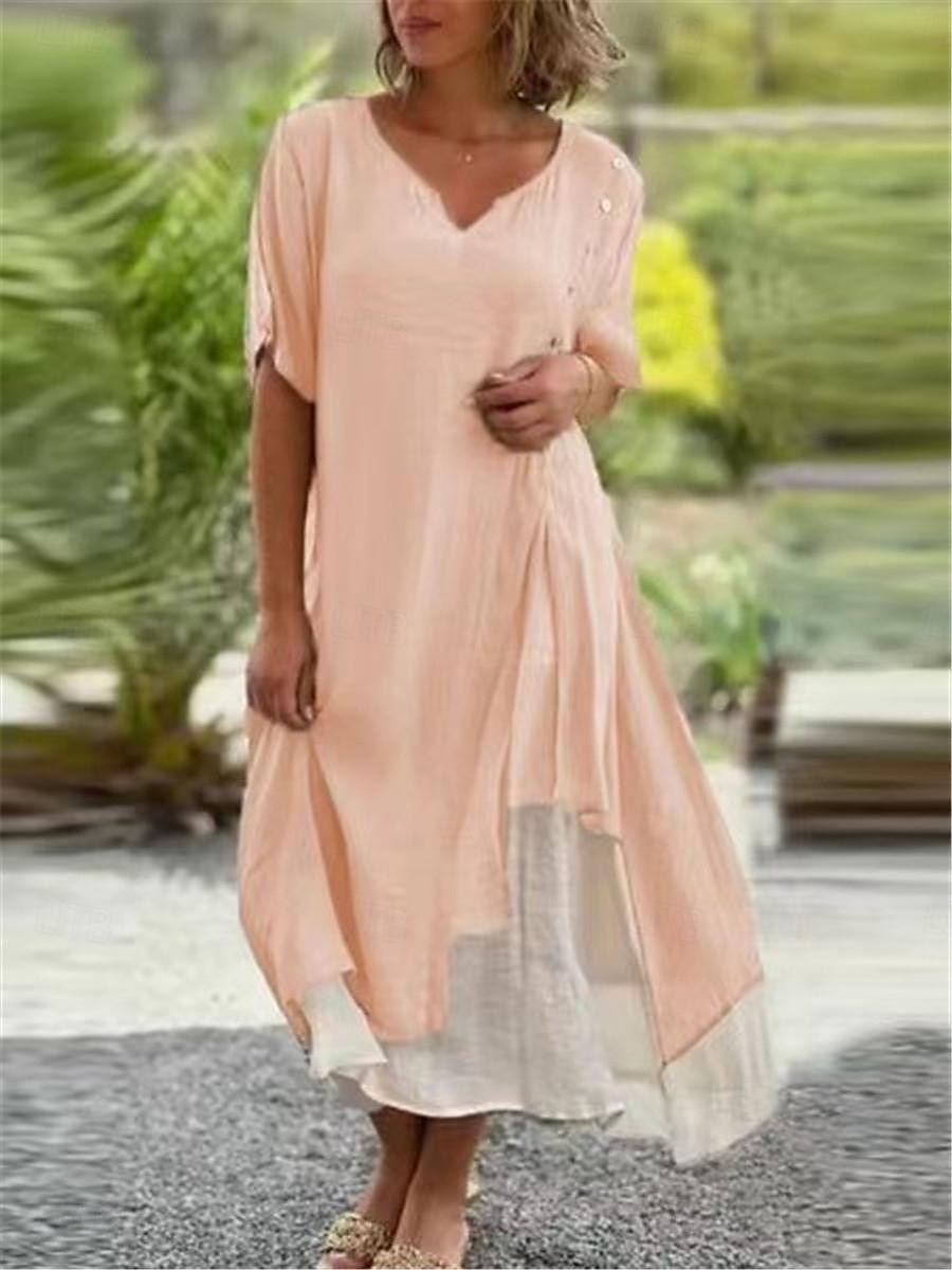 Femmes Noir Rose Claire Bleu Été Printemps Robe Midi Robes en coton et lin Robe Décontractée Basique Moderne Quotidien Week-end Coupe Ample Uni Col fendu de 2025 ? $32.99 –P3