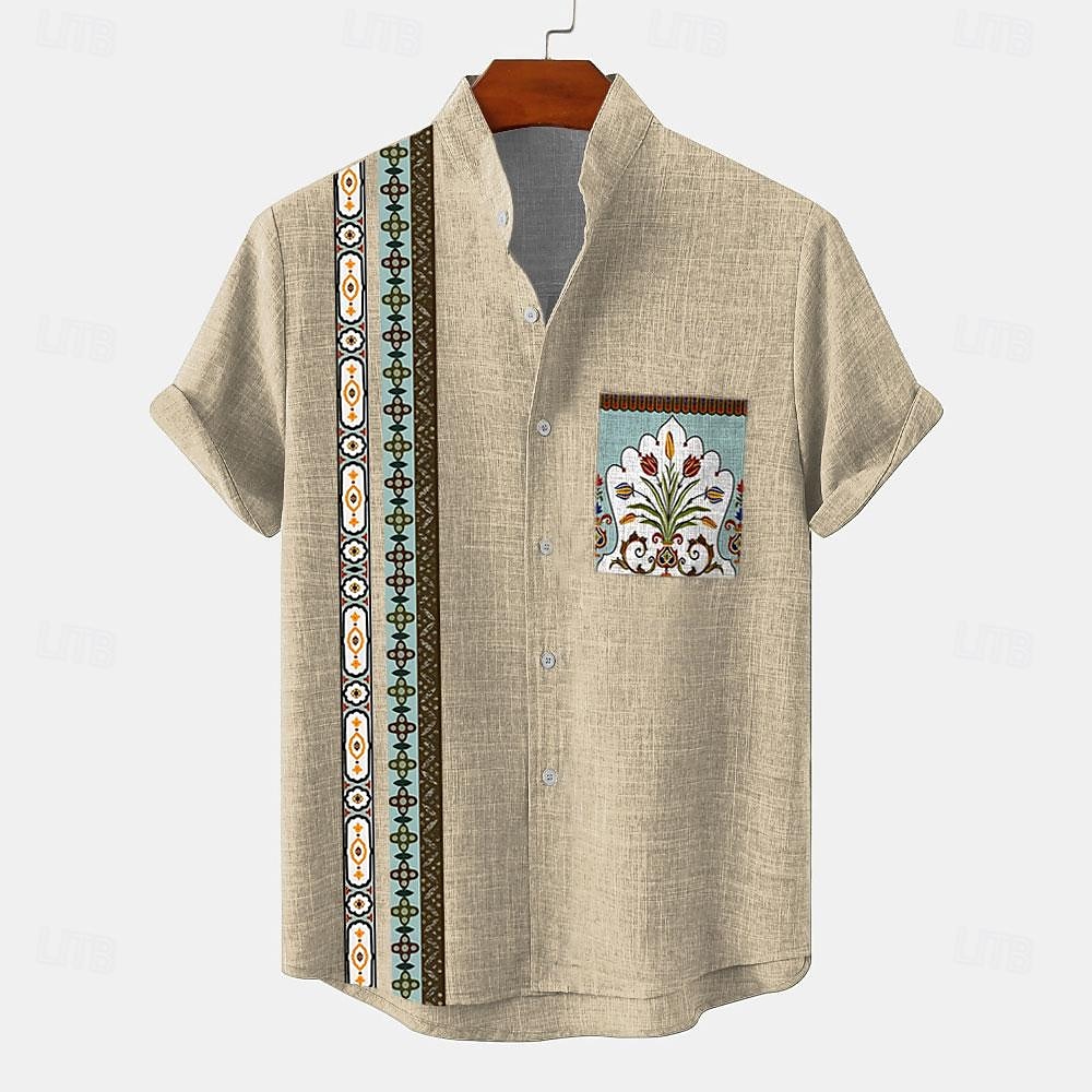 Miesten Paita Button Up paita Lyhythihainen Vintage Vapaa-aika Viidakko Loma Päivittäin Kesä Kevät Nauhakaulus isoisän kaulus Painettu Apila Khaki Beesi 2025 - $24.99 –P3