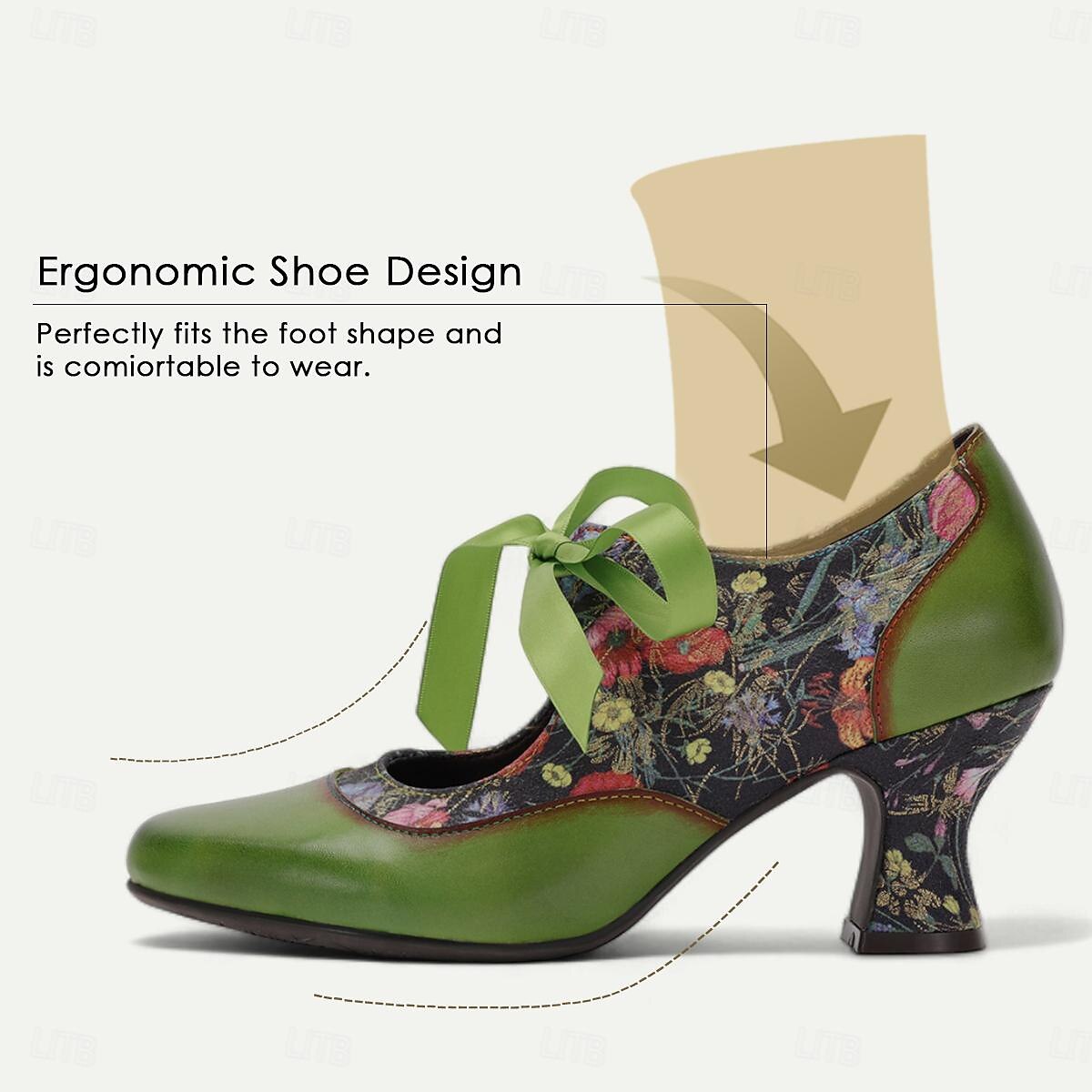 Women's Green Leather Mary Jane Heels with Floral Print, Ribbon Ties, and Retro Style - Perfect for Vintage-Themed Events and Daily Elegance 2026 - $84.99 –P6