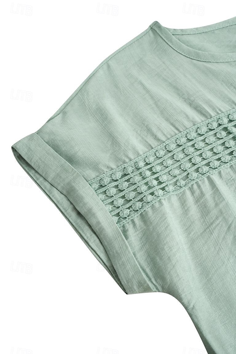 Damen Leinen-inspirierte Hemden Spitzen-T-Shirt Einfach Mode Kurzarm Rundhalsausschnitt Normale Oberteile Urlaub Täglich Spitze Schwarz Blau Braun Grün Khaki Sommer 2025 - $29.99 –P13