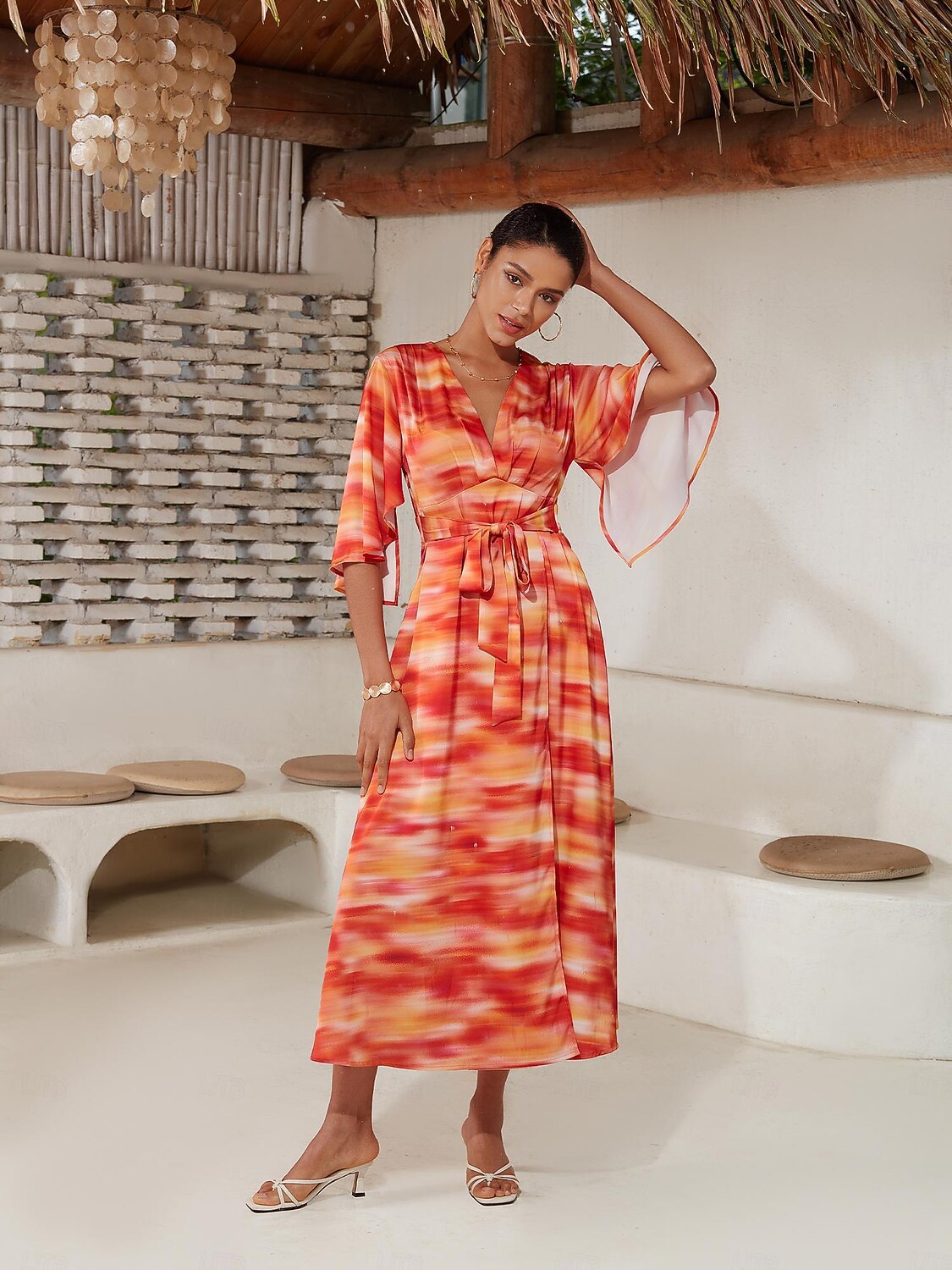 2025年 女性用 ヘムマキシ マキシドレス ルビーレッド ハーフスリーブ シェーディング プリント 夏 Ｖネック ドレス バケーション S M L  コレクション – $103.99 –P8