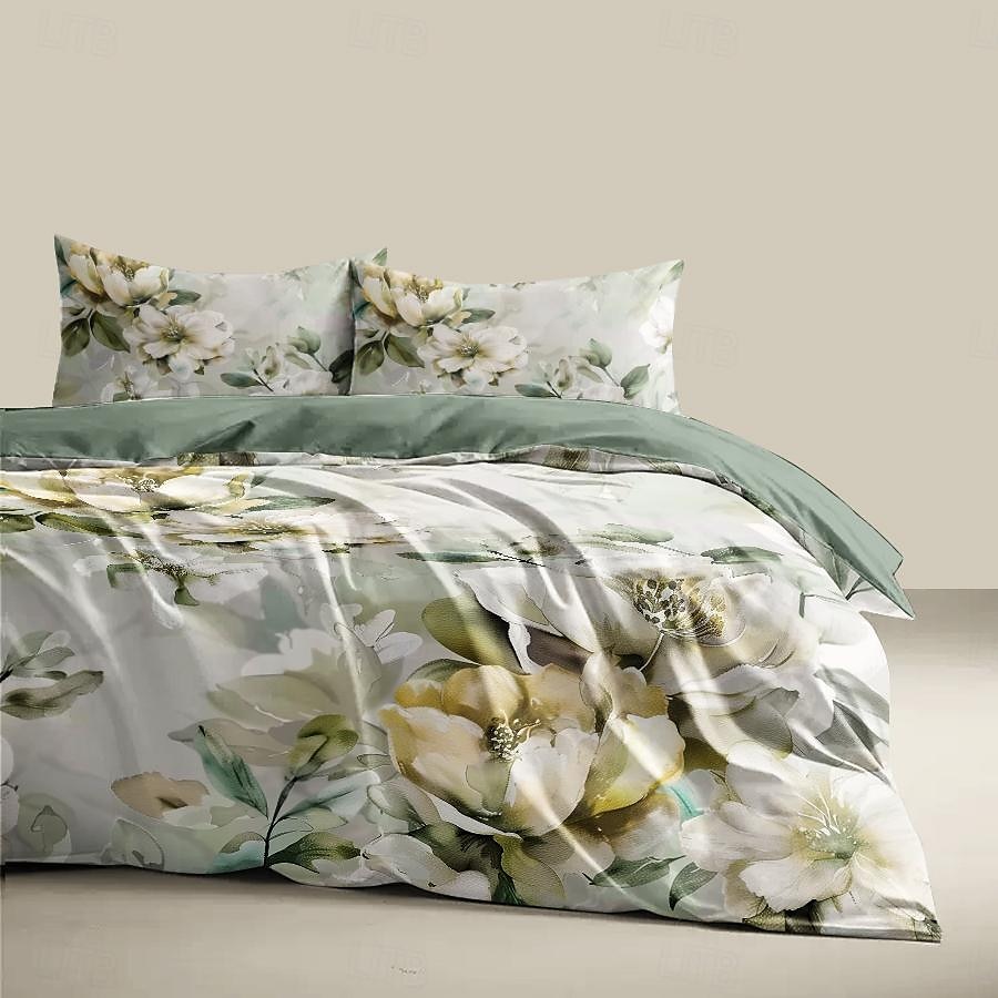 100 % bomull hvit blomst dynetrekk i plysj stoff 3-delt sett for sommer myk hudvennlig langvarig behagelig lettvekt 2025 - $60.99 –P7
