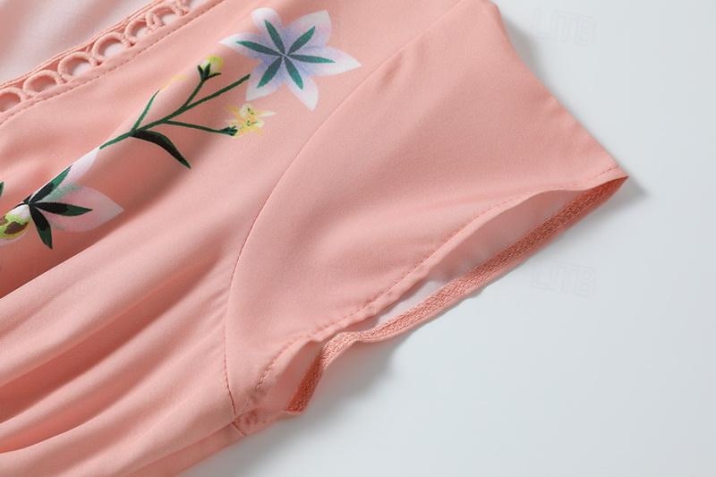 dam midiklänning bohemisk v-ringad blommig broderi elastisk midja dragsko kortärmad strandsemester rosa bekväm normal passform casual sommarkläder kläder 2025 - $30.99 –P7