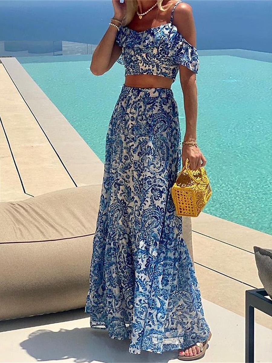 Pentru femei Set de rochii Rochie casual Set fuste Rochie leagăn Activ Modă Floral Fără Spate Imprimeu Rochie Lunga Rochie Maxi Manșon scurt Cu Bretele În aer liber Vacanță Albastru piscină Vară 2025 - $40.99 –P3