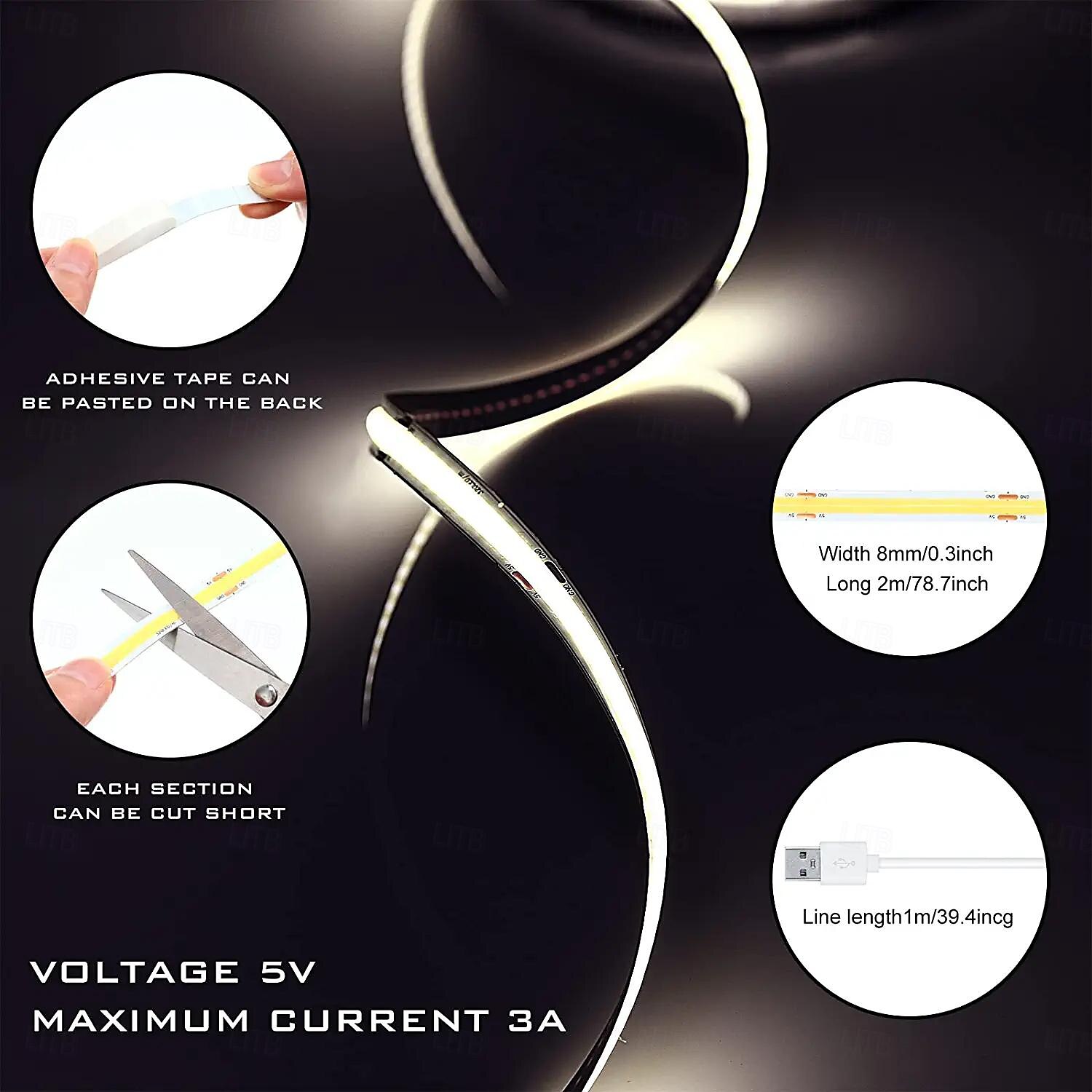 Waterproof COB USB 5V LED Strip Light, High Gloss LED Soft Flexiable Strip Light with USB Switch 3.28-16 ft (1-5M) 480 LED/Meter Waterproof Flexible Self-adhesive Safety Tape Light Suitable for Kitchen Garage TV Wall and Home DIY Lighting 2025 - $11.49 –P6