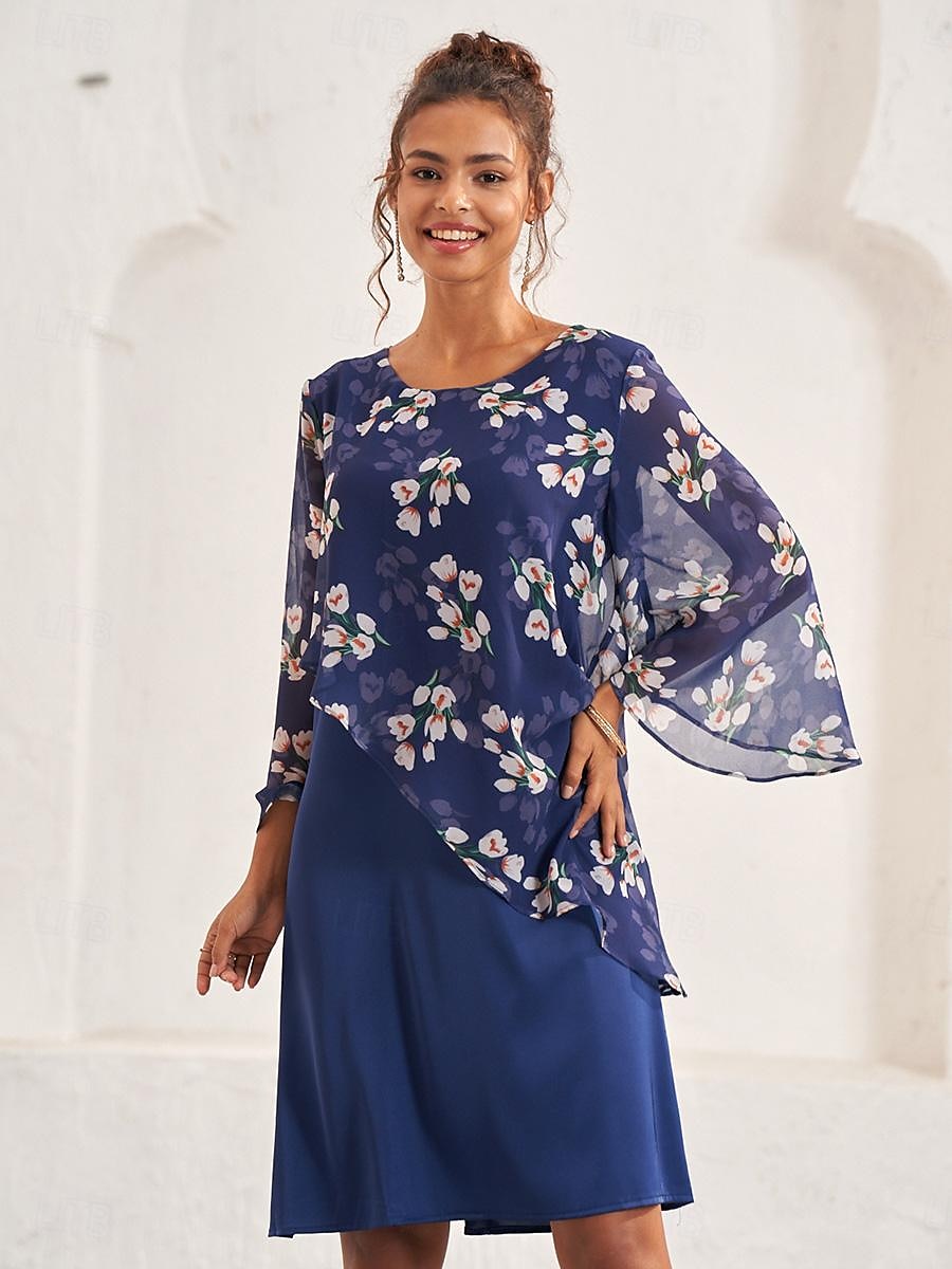 Damen Hochzeitsgastkleid A-Linien-Kleid elegantes geblümtes Midikleid Chiffon ausgestellte Ärmel Rundhalsausschnitt Patchwork normale Passform Hochzeitsgast Cocktailparty blau Sommer 2025 - $12.99 –P5