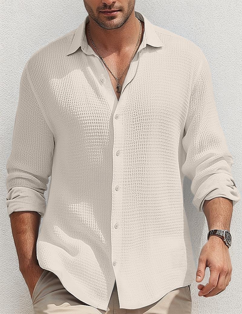 Herren Hemd Sommerhemd Knopfhemd Lässiges Hemd Waffel-Shirt Schwarz Weiß Blau Kaki Langarm Glatt Kargen Täglich Urlaub Bekleidung Modisch Brautkleider schlicht Komfortabel 2025 - $28.99 –P5