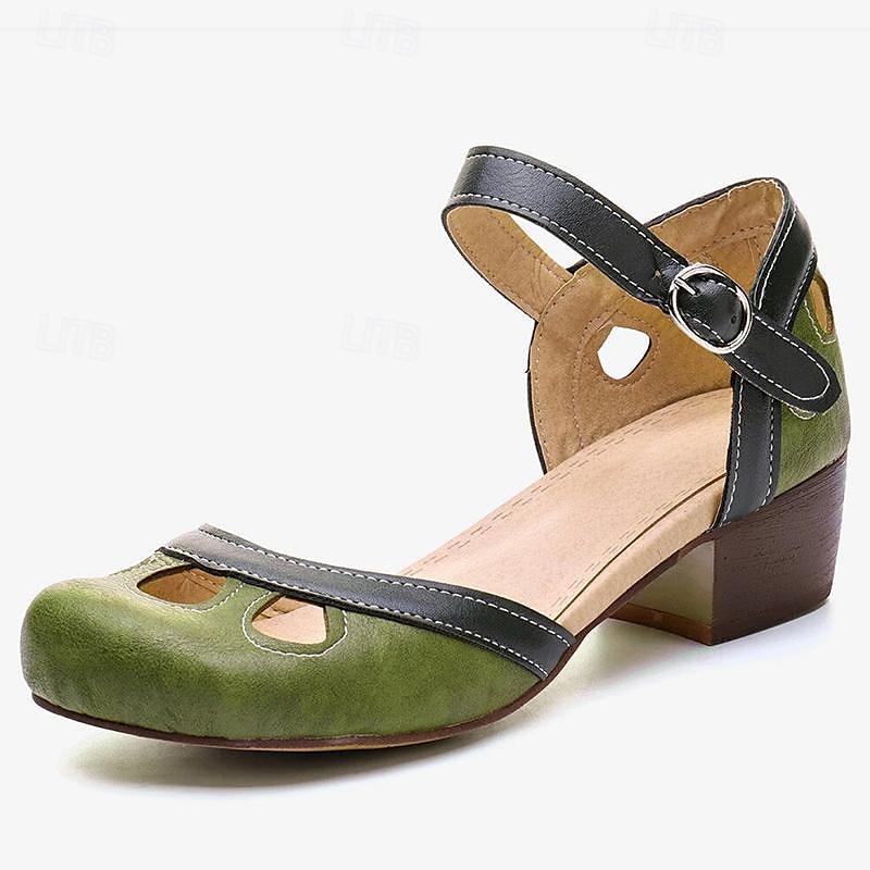 Women's Vintage Green Mary Jane Faux Leather Heels with Cutout Design and Adjustable Strap – Comfortable Retro Block Heel Shoes for Casual and Formal Occasions 2025 - GBP £34 –P1
