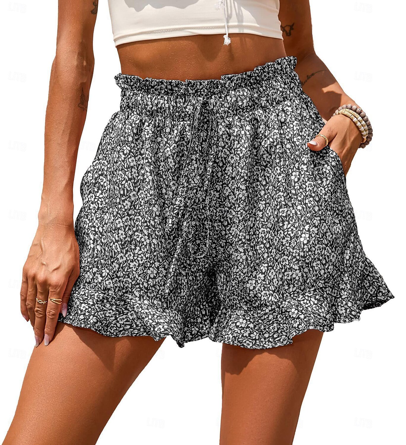 Mulheres Calção Casual Diário Curto Floral Frufru Com Cordão Bolsos laterais Respirabilidade Confortável Sem Elasticidade Para Noite Final de semana Vermelho Azul Verde Cinzento Verão Normal de 2025 por $18.99 –P2