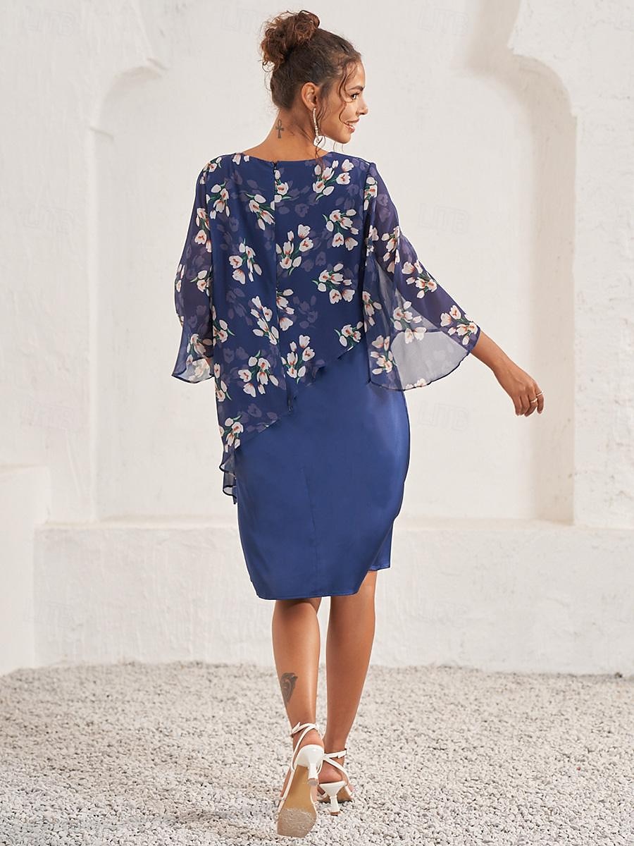 Damen Hochzeitsgastkleid A-Linien-Kleid elegantes geblümtes Midikleid Chiffon ausgestellte Ärmel Rundhalsausschnitt Patchwork normale Passform Hochzeitsgast Cocktailparty blau Sommer 2025 - $12.99 –P9