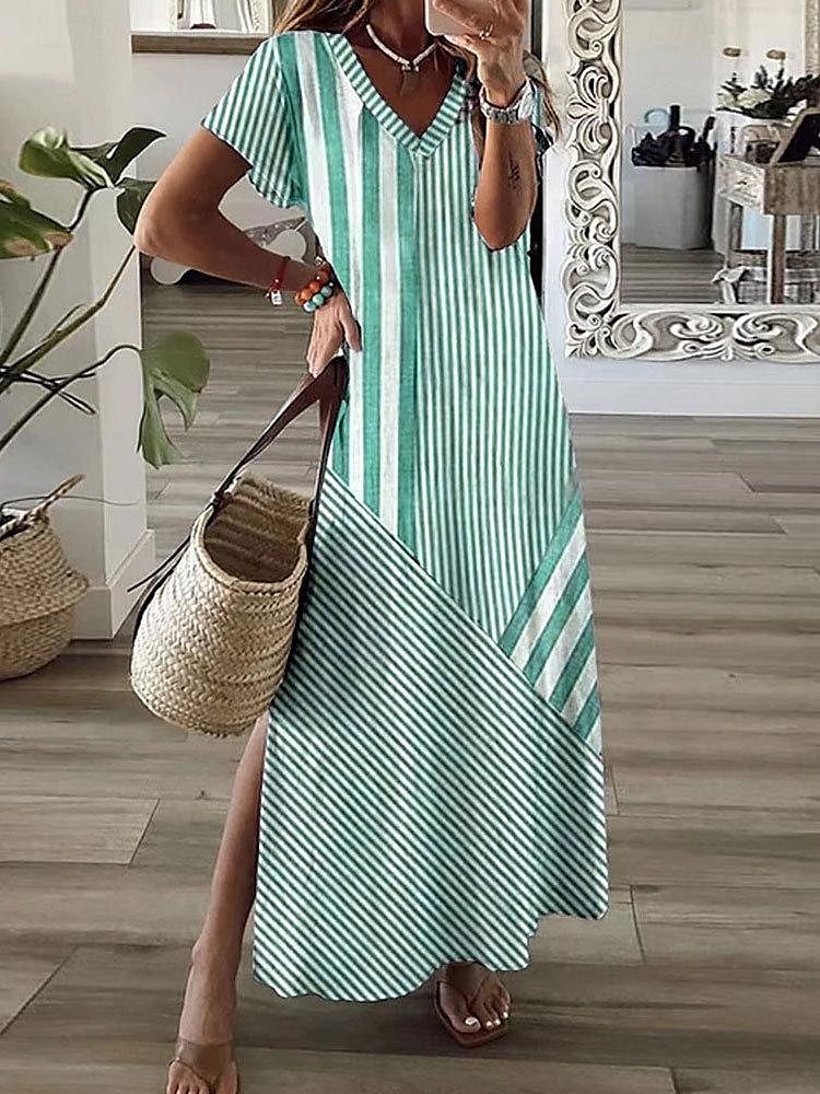 dámské ležérní šaty proužek patchwork potisk v krku midi šaty elegantní stylové rande dovolená léto podzim 2025 - $30.99 –P3