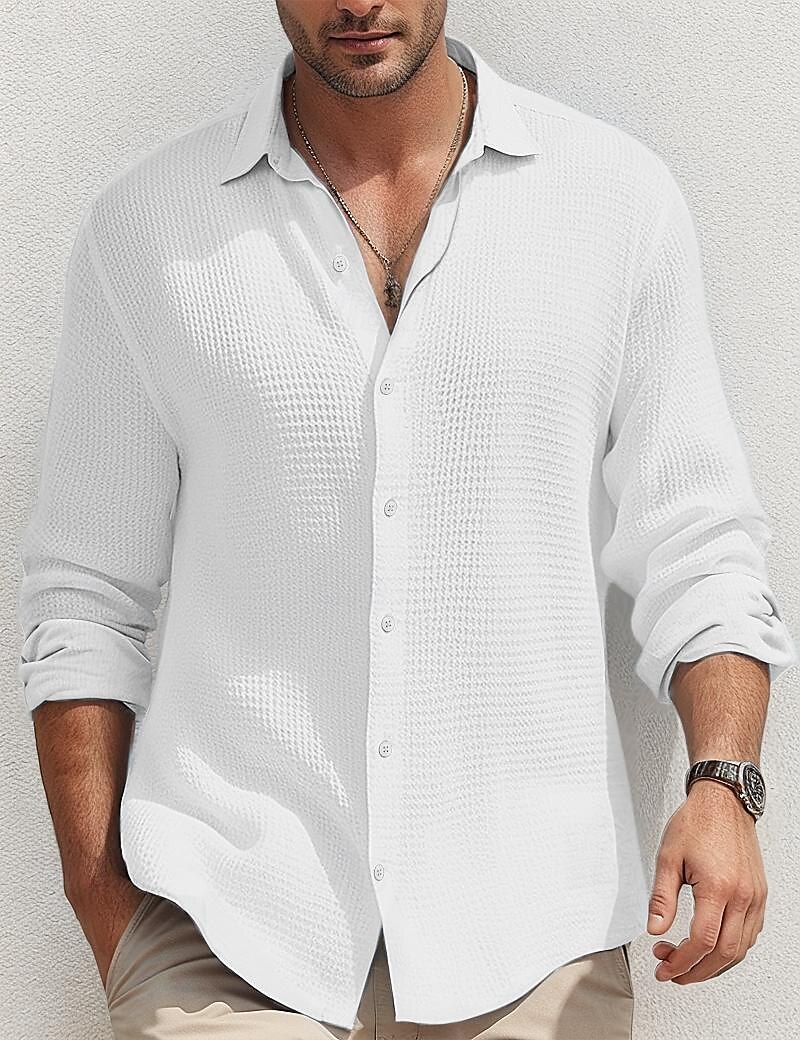 Herren Hemd Sommerhemd Knopfhemd Lässiges Hemd Waffel-Shirt Schwarz Weiß Blau Kaki Langarm Glatt Kargen Täglich Urlaub Bekleidung Modisch Brautkleider schlicht Komfortabel 2025 - $28.99 –P3