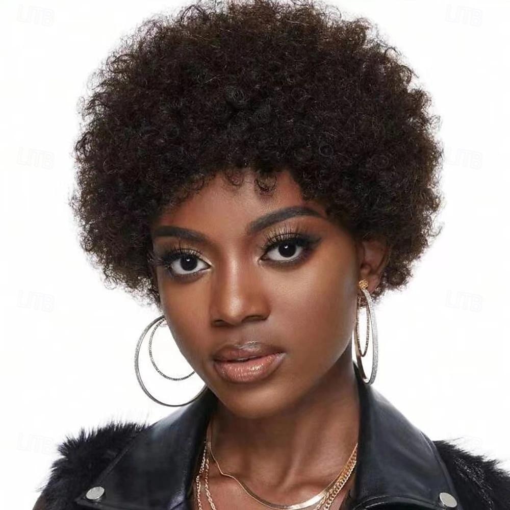 Afro crépus bouclés frange perruque pour femmes afro coupe de lutin courte perruque de cheveux humains doux bouclés perruque afro naturel à la recherche d'un usage quotidien de 2025 ? $47.99 –P4