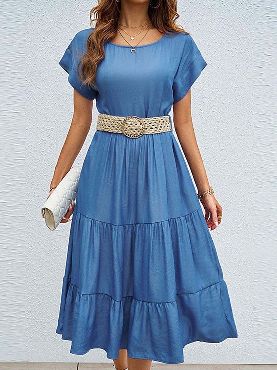 Robe casual Femme Robe mi-longue Ruché Travail Vacances Décontractées Col Ras du Cou Manche Courte Ample Bleu S M L XL de 2025 ? $50.99 –P1