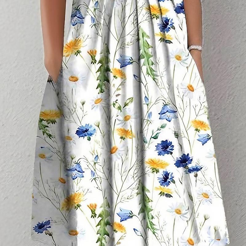 Sukienka midi dla kobiet Sukienka casual Sukienka Shift Sukienka kwiatowa Sukienka z marszczeniem Kieszeń Okrągły dekolt Elegancka Casual Codzienna Wakacje Krótki rękaw Lato Wiosna 2025 - $31.99 –P1