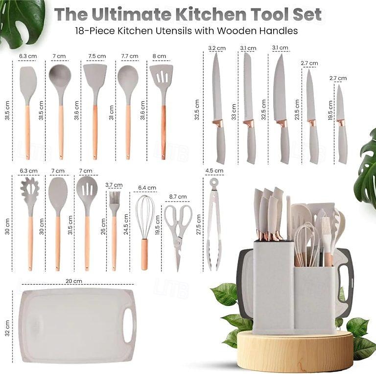 19 Pcs Kitchen Cooking Utensils and Knife Set with Block, Include 11 Pcs Silicone Cooking Utensils Set 5 Pieces Sharp Stainless Steel Chef Knives Scissors Whisk Tongs and Cutting Board 2024 - $25.99 –P1