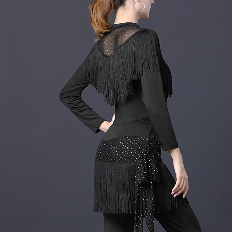 Latin Dance Ballroom Dance Top Tassel Pure Color Splicing Women's ...