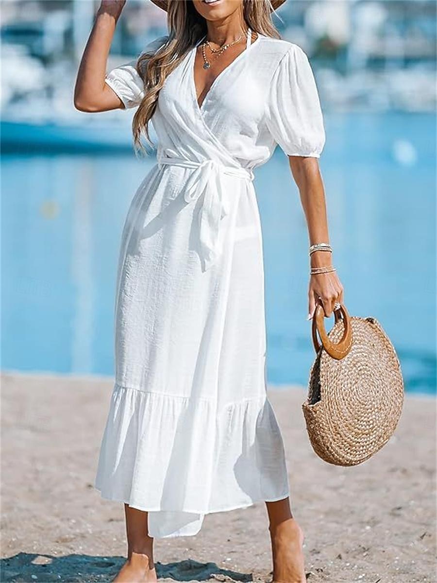 Kaftan Dress White Linen V Neck Dress Linen Kaftan Dress White Linen Flowy  Dress Women's Maxi