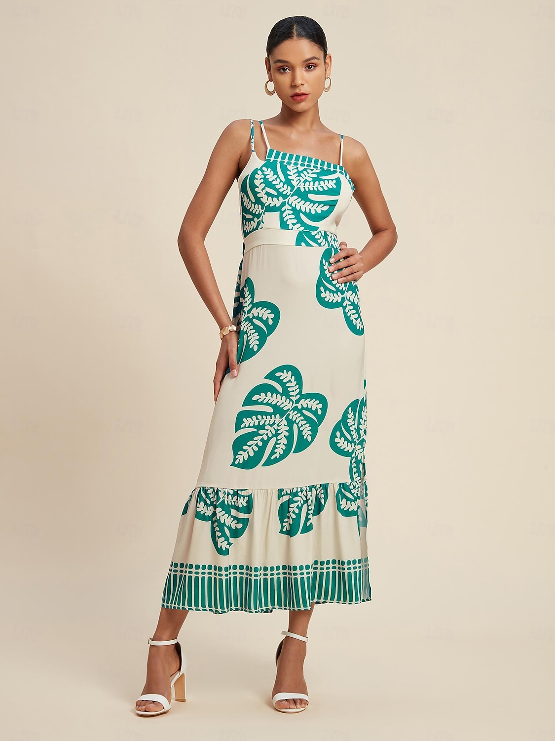 Maxikleid mit One-Shoulder-Träger aus Satin mit Palmenblättern 2025 - $103.99 –P5