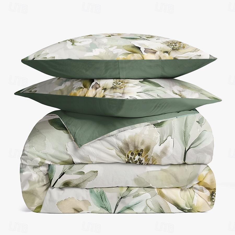 100 % bomull hvit blomst dynetrekk i plysj stoff 3-delt sett for sommer myk hudvennlig langvarig behagelig lettvekt 2025 - $60.99 –P9