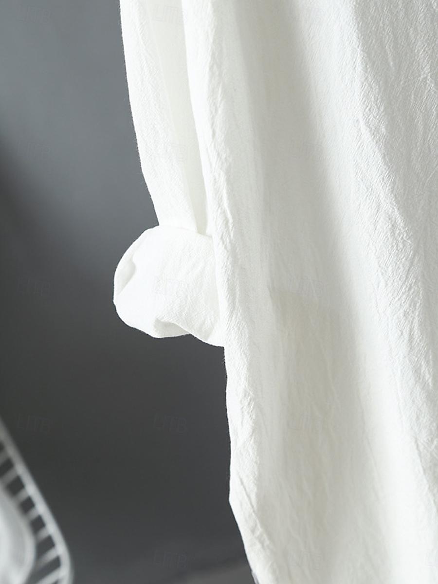 Women's White Dress Shirt Dress Cotton Linen Dress Midi Dress Office Vacation Linen Basic Casual Shirt Collar Button Long Sleeve Summer Spring Loose Fit Plain 2025 - $39.99 –P4
