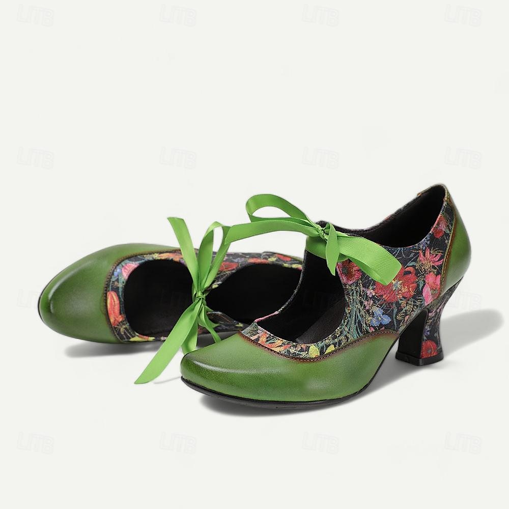 Women's Green Leather Mary Jane Heels with Floral Print, Ribbon Ties, and Retro Style - Perfect for Vintage-Themed Events and Daily Elegance 2026 - $84.99 –P9
