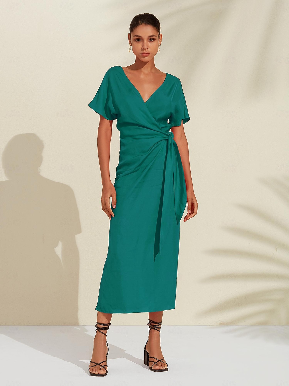 Robe midi portefeuille froncée en lin tencel pour femme orange rouge col en V de 2025 ? $119.99 –P13