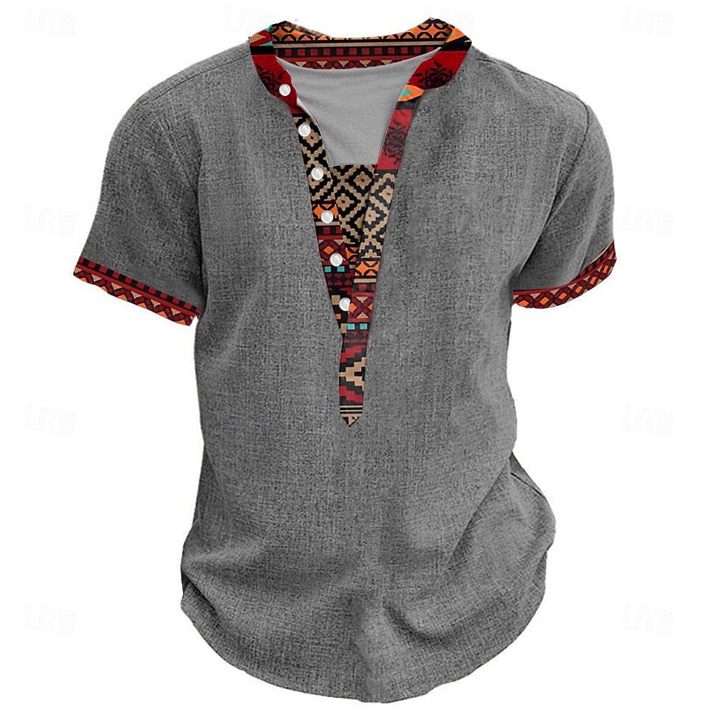 Hombre Tribal Impresión de pañuelo Camiseta Henley Shirt Manga Corta Impresión 3D Design Étnico Vacaciones Casual Diario Verano Primavera Gris brezo Caqui Negro Gris Henley Camiseta Henley 2025 - $20.99 –P4