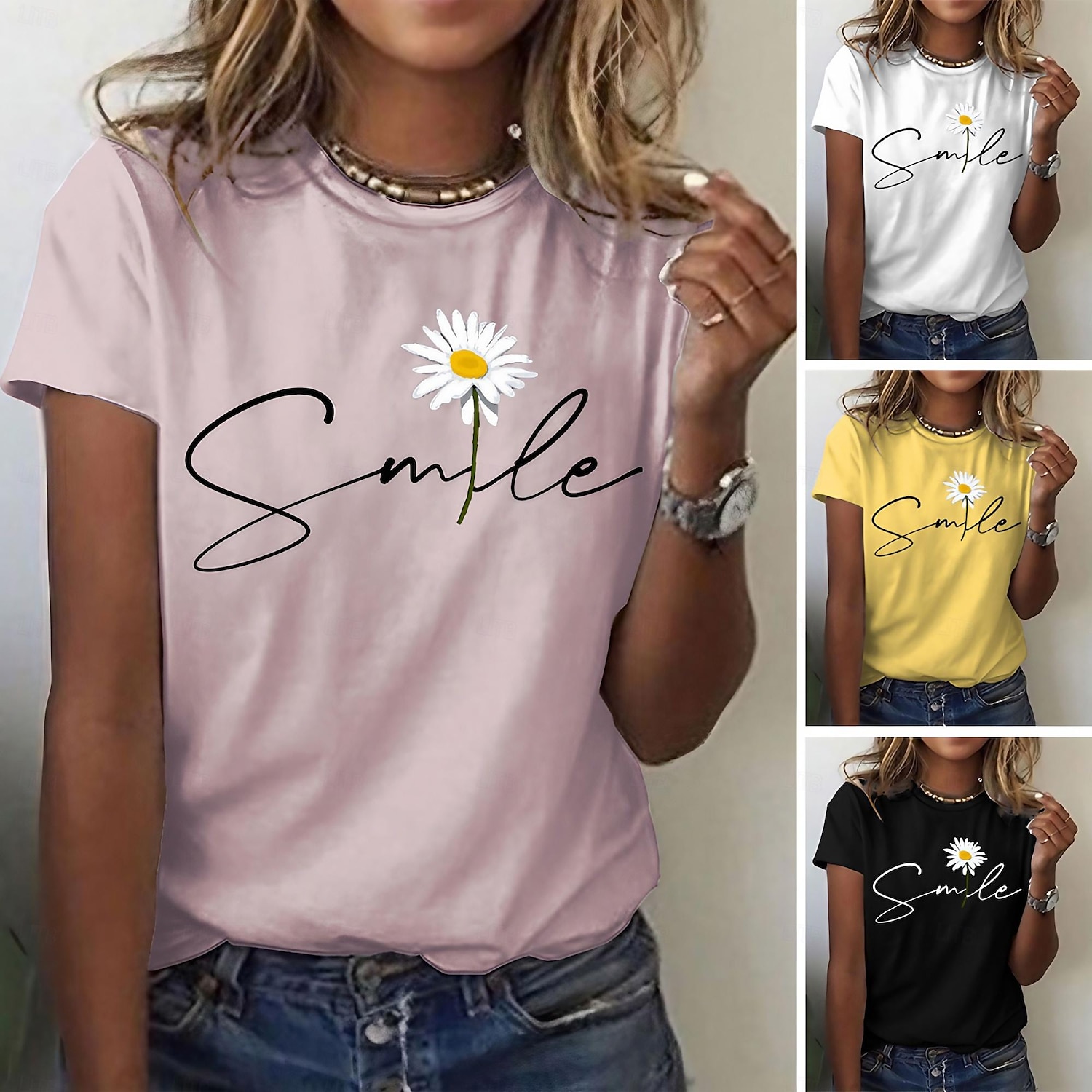 Women's T Shirt Daisy Basic Short Sleeve Round Neck Regular Tops Casual Weekend Print Black White Yellow Pink Navy Blue 2025 - $27.99 –P9