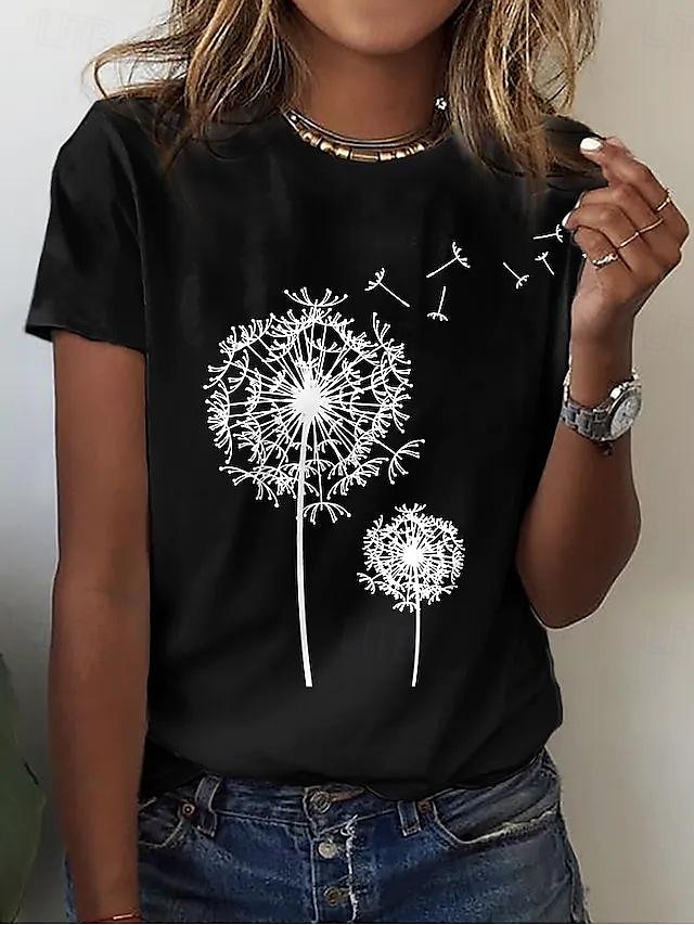 Women's Casual T-Shirt Dandelion Print Crew Neck White Short Sleeve Summer Wear Comfort Fit Daily Essential 2025 - $21.99 –P4