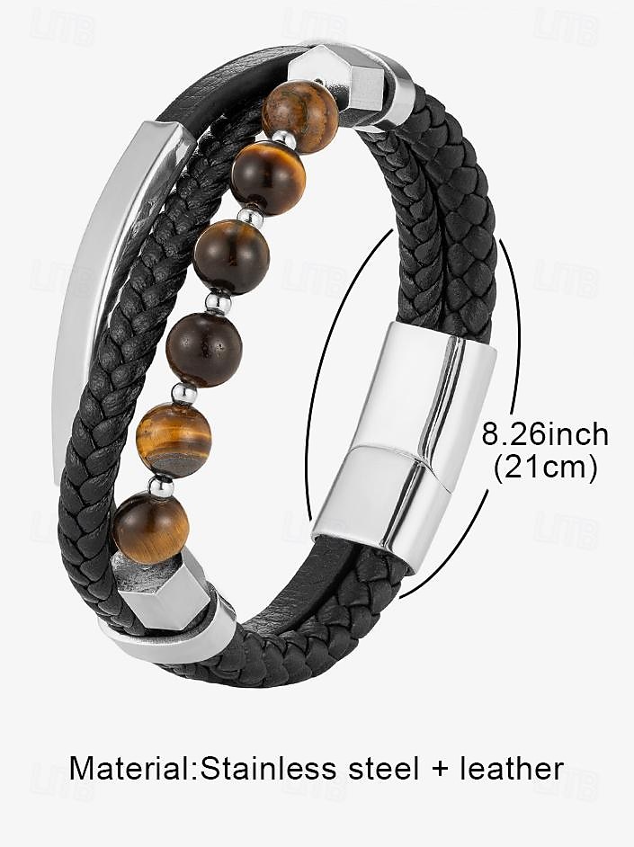 heren gevlochten leren armband met tijgeroog kralen en roestvrijstalen accenten – stijlvolle sieraden voor casual of formele gelegenheden 2025 - $18.99 –P3