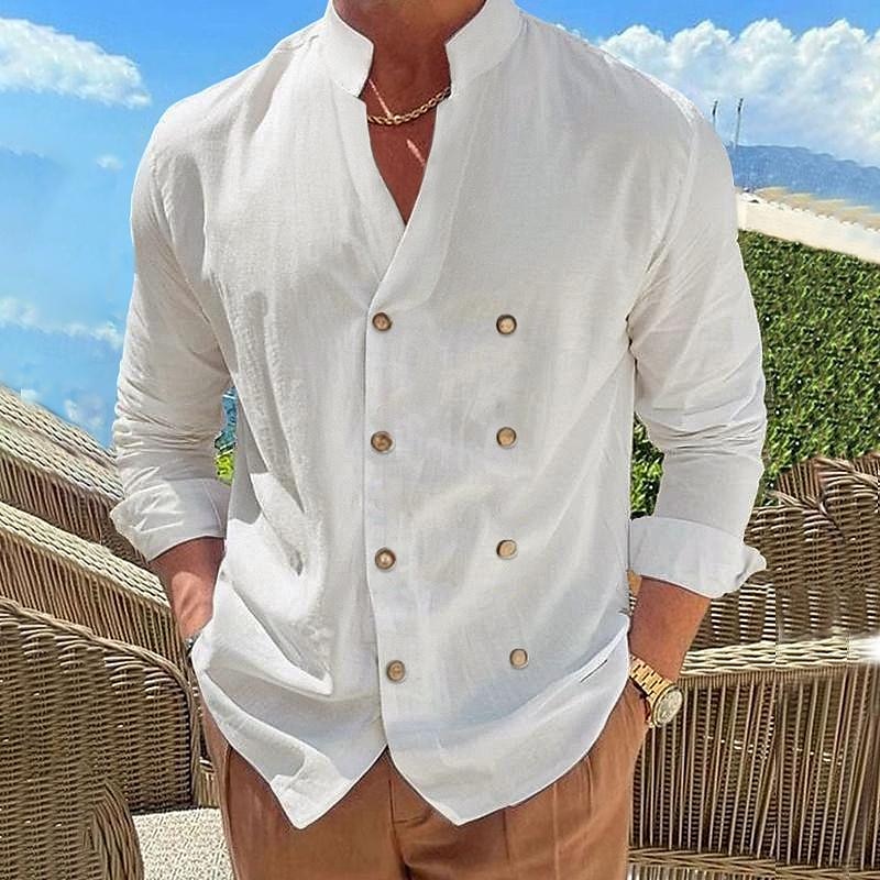 Per uomo Camicia camicia di lino Camicia popover Camicia estiva Abbigliamento mare Camicia con bottoni Liscio Da mare Curise Nero Blu Beige Manica lunga A fascia Primavera estate Abbigliamento del 2025 a $25.99 –P1