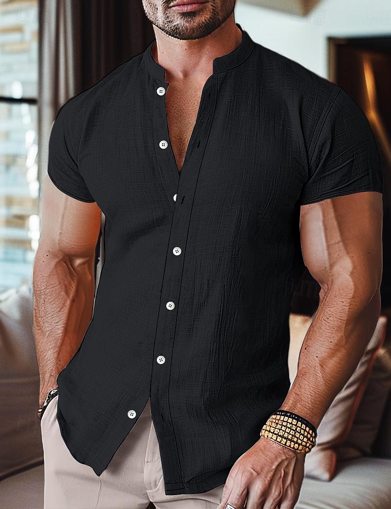 Per uomo Camicia camicia di lino Camicia con colletto a fascia Camicia estiva Abbigliamento mare Camicia hawaiana Tinta unica Strada Giornaliero Nero Bianco Blu Arancione Manica corta A fascia del 2026 a $8.49 –P10