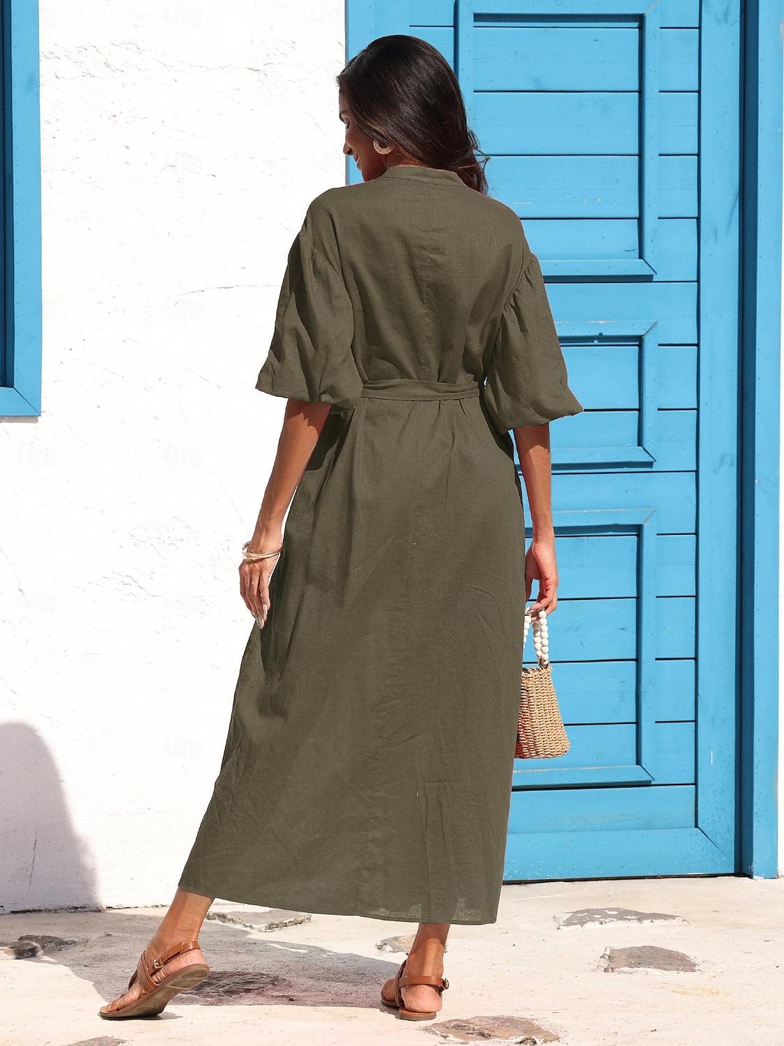 Women's Linen Cotton Shirt Maxi Dress Red Casual Collared Button-Down Loose Fit Puff Sleeve Belted 2025 - $163.99 –P10