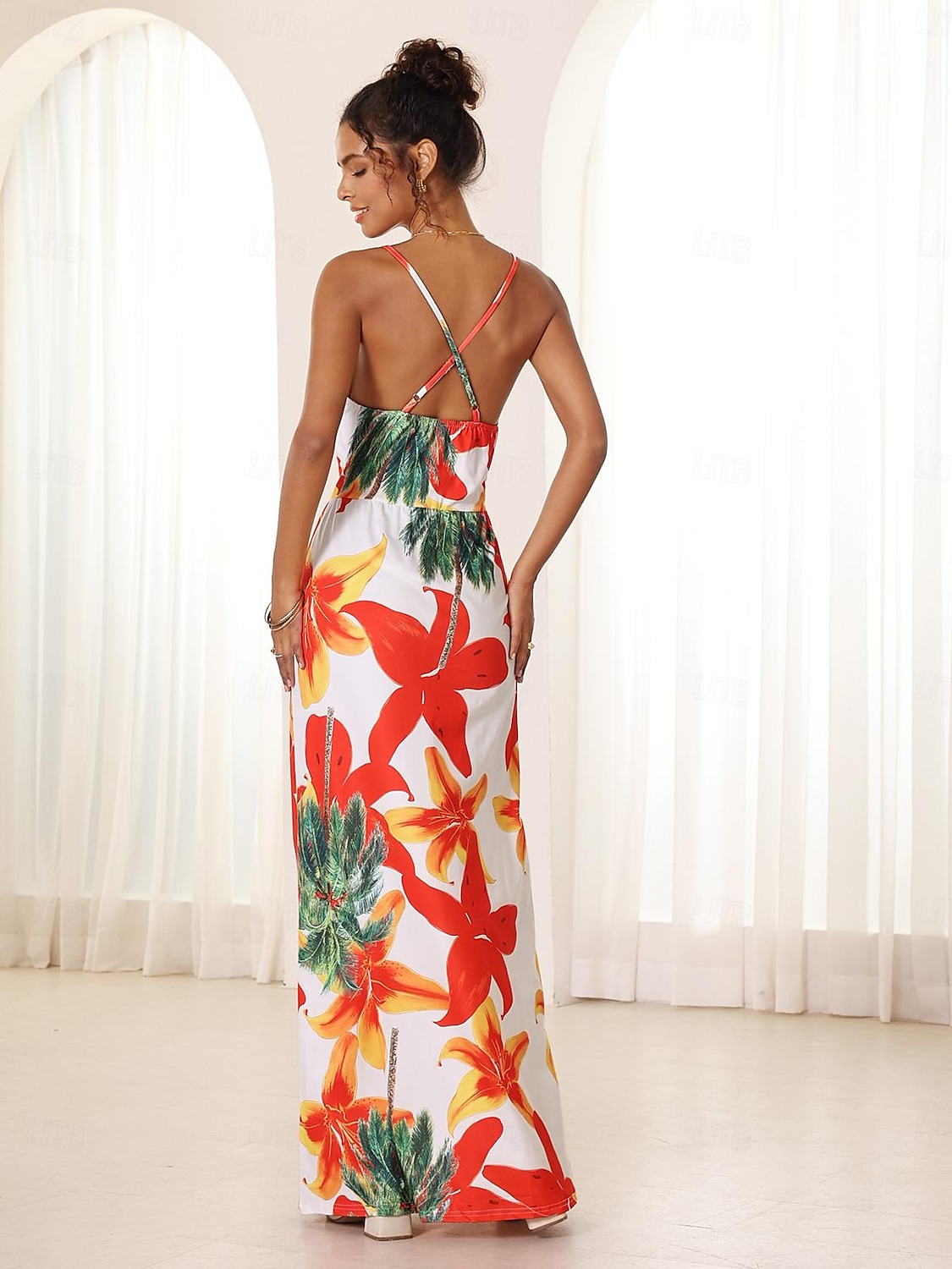 Damen Maxidress A Linie Kleid Boho Party Lockere Passform Blumen Ärmellos V Ausschnitt Orange Sommer 2025 - $41.99 –P2