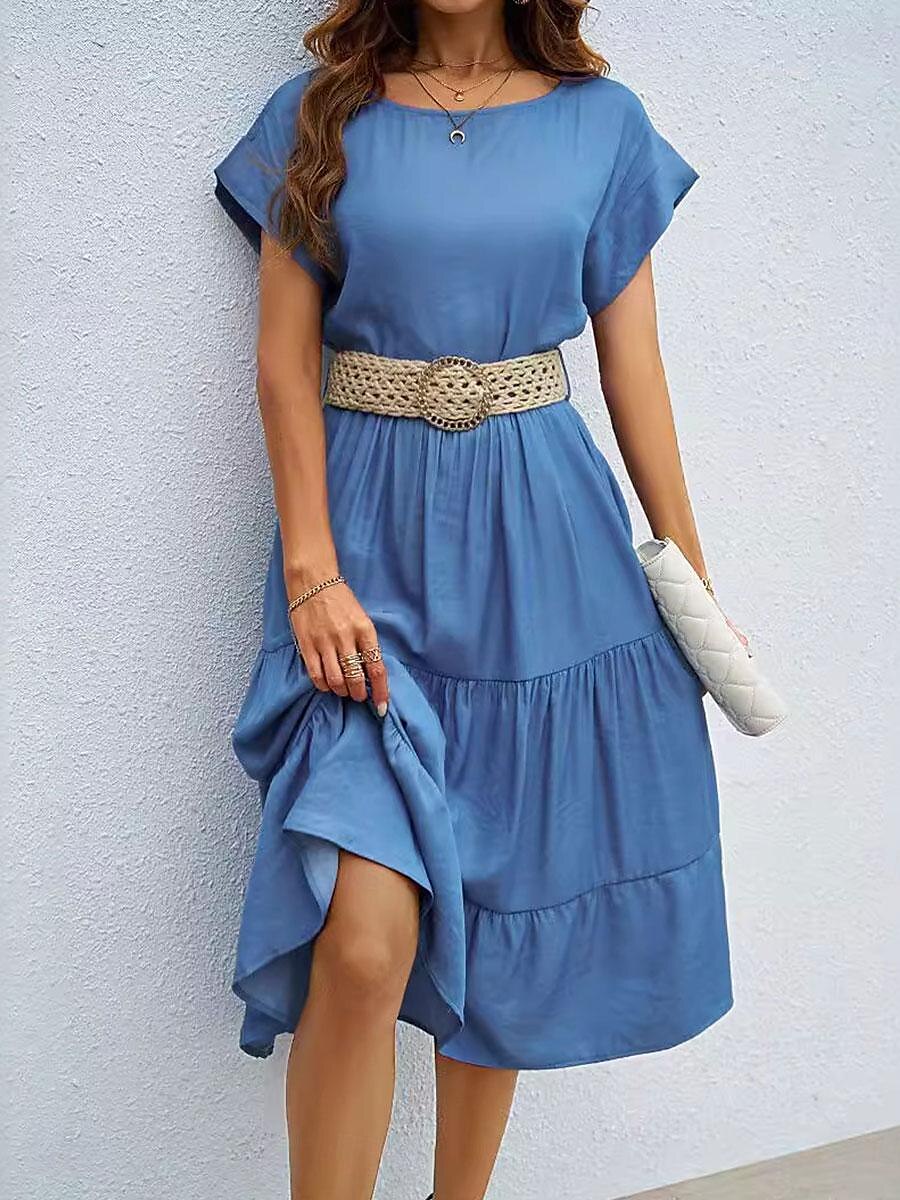 Robe casual Femme Robe mi-longue Ruché Travail Vacances Décontractées Col Ras du Cou Manche Courte Ample Bleu S M L XL de 2025 ? $50.99 –P4