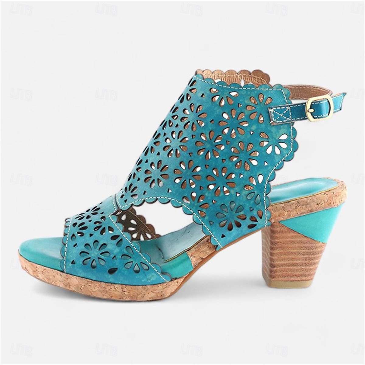 turquoise leren sandalen voor dames met uitsparingen – vintage holle, dikke hak en peep-toe zomerschoenen voor casual en boho-stijl 2025 - $64.99 –P4