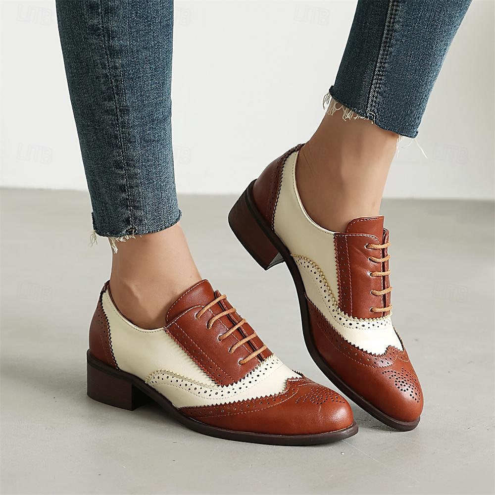 Damen Halbschuhe Retro Bullock Schuhe Täglich Farbblock Schnürsenkel Blockabsatz Runde Zehe Vintage Brautkleider schlicht Wanderschuhe PU Schnürsenkel Schwarzes Gold Schwarz / weiss Rosa 2025 - $59.99 –P11