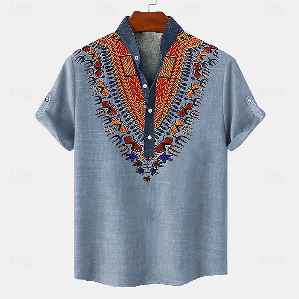 Men's Linen Shirt Henley Shirt Retro Shirts Vintage Shirt Ethnic Shirt Ethnic Vacation Daily Blue Green Khaki Short Sleeve Mandarin Collar Summer Spring Clothing Apparel Print 2025 - $27.99 –P4