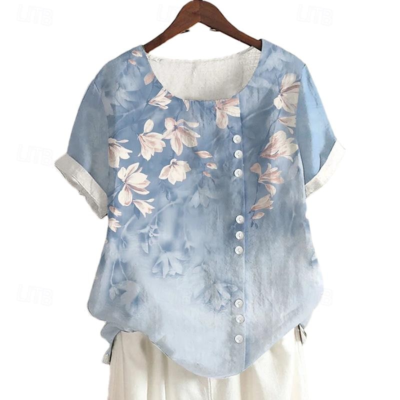 Femmes Chemise Chemises inspirées du lin Chemisier Fleuri Occasionnel Manche Courte Col ras du cou Hauts Réguliers Vacances Quotidien Imprimé Jaune Vert Claire Bleu Roi Bleu Violet Été de 2025 ? $22.99 –P8