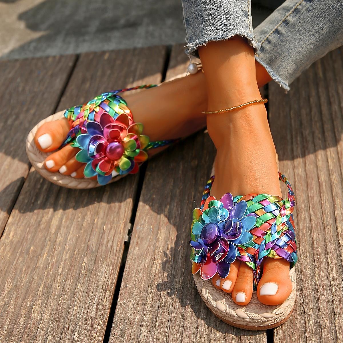 Women's Colorful Bohemian Flower Sandals – Handmade Woven Slip-On Flats for Beach & Summer Casual Wear 2025 - $24.99 –P2