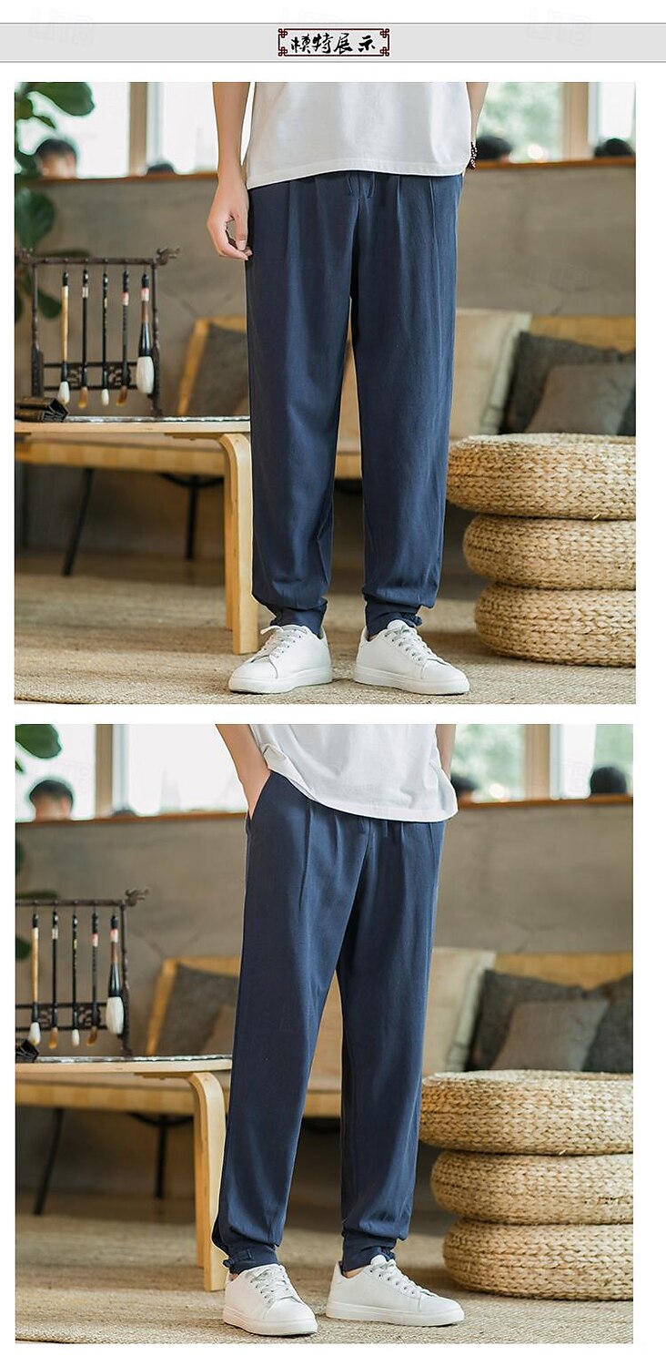 Homens Calças de linho Calça verão Calça casual Bolsos Côr Sólida Respirável Comprimento total Esportes Relaxantes Casual Ajuste Largo Preto Azul Profundo Sem Elasticidade de 2025 por $31.99 –P9