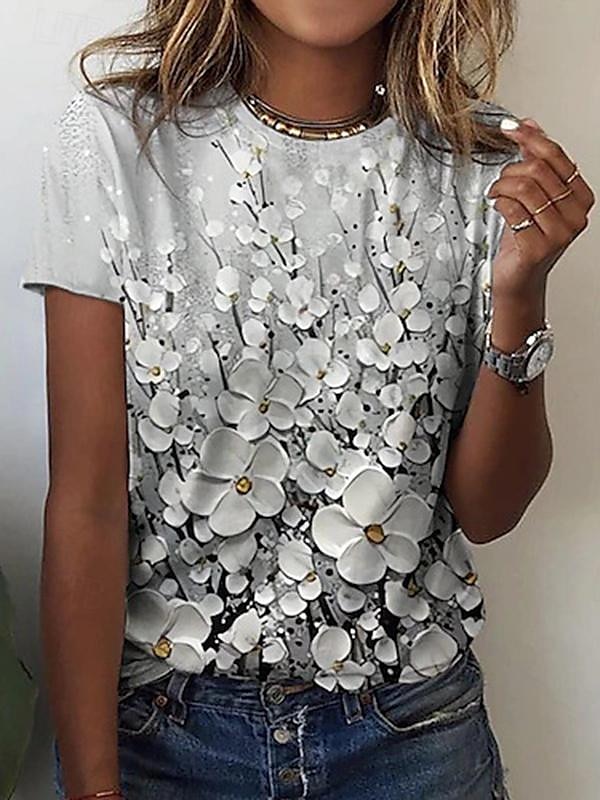 Women's T Shirt Floral Fashion Short Sleeve Round Neck Regular Tops Vacation Weekend Print Pink Blue Gray Light Blue Summer 2025 - $15.99 –P2