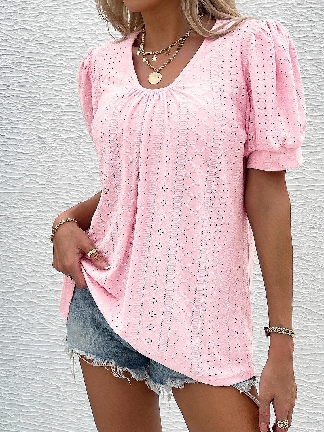 Dame Bluse Elegant Bohem Kortermet Crew-hals Feriereise Daglig Ut på byen knyttede Hvit Rosa Militærgrønn Grønn Sommer 2025 - $26.99 –P4