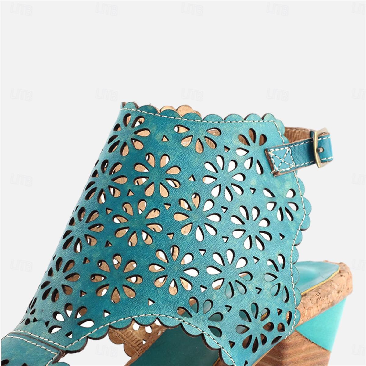 turquoise leren sandalen voor dames met uitsparingen – vintage holle, dikke hak en peep-toe zomerschoenen voor casual en boho-stijl 2025 - $64.99 –P5