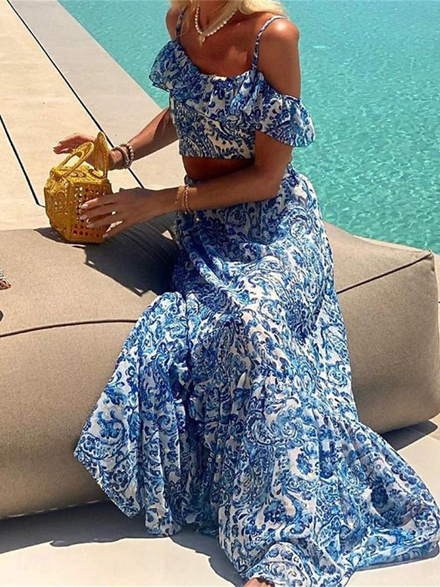 Pentru femei Set de rochii Rochie casual Set fuste Rochie leagăn Activ Modă Floral Fără Spate Imprimeu Rochie Lunga Rochie Maxi Manșon scurt Cu Bretele În aer liber Vacanță Albastru piscină Vară 2025 - $40.99 –P2