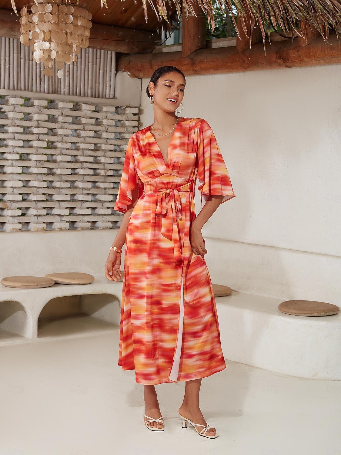 2025年 女性用 ヘムマキシ マキシドレス ルビーレッド ハーフスリーブ シェーディング プリント 夏 Ｖネック ドレス バケーション S M L  コレクション – $103.99 –P6